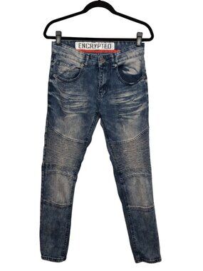 ENCRYPTED Moto Skinny Jeans Men's Blue Ribbed Knee Paneling 30/30